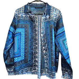 Zac & Rachel Blue White Paisley Scarf Print Satin Button Down Blouse Top